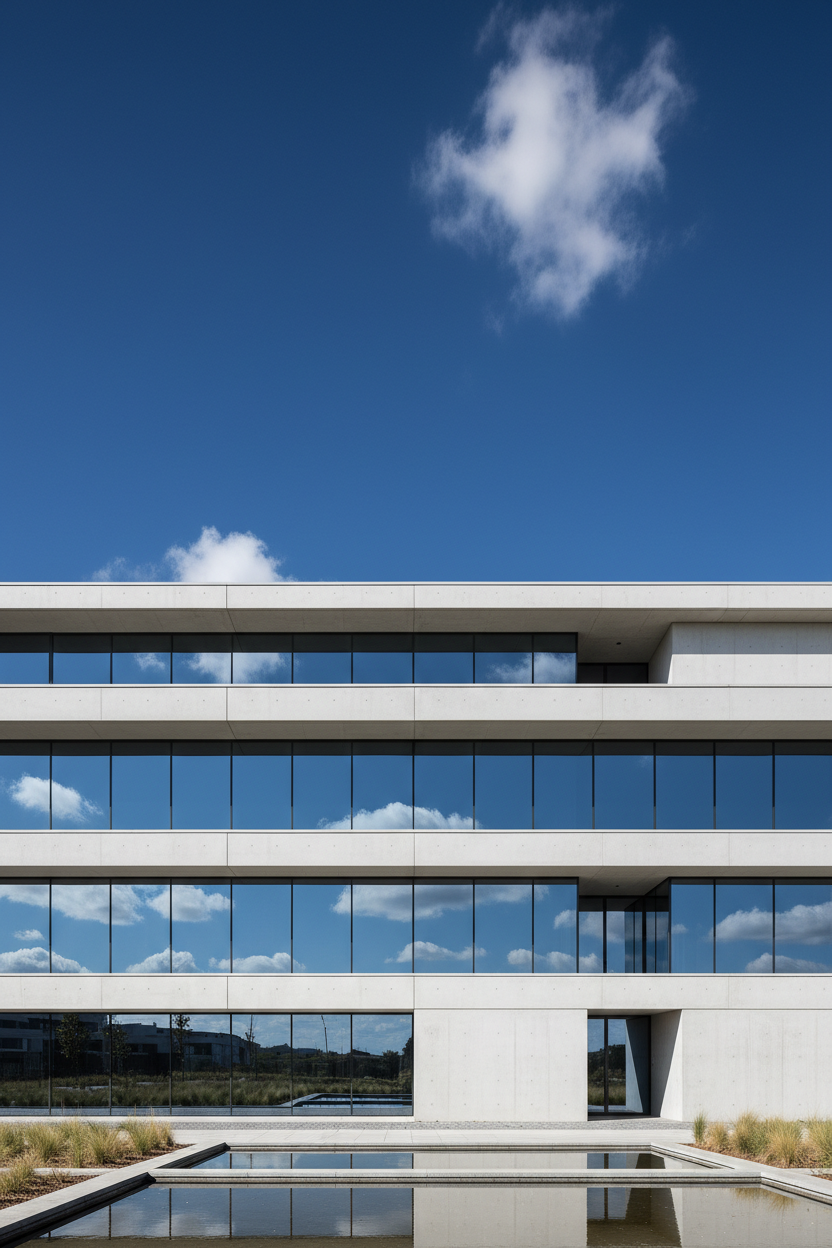 콘크리트와 유리로 이루어진 깔끔한 선이 푸른 하늘을 반사하는 미니멀리스트 4K 건축 배경화면으로, 현대적이고 우아한 느낌을 자아냅니다.