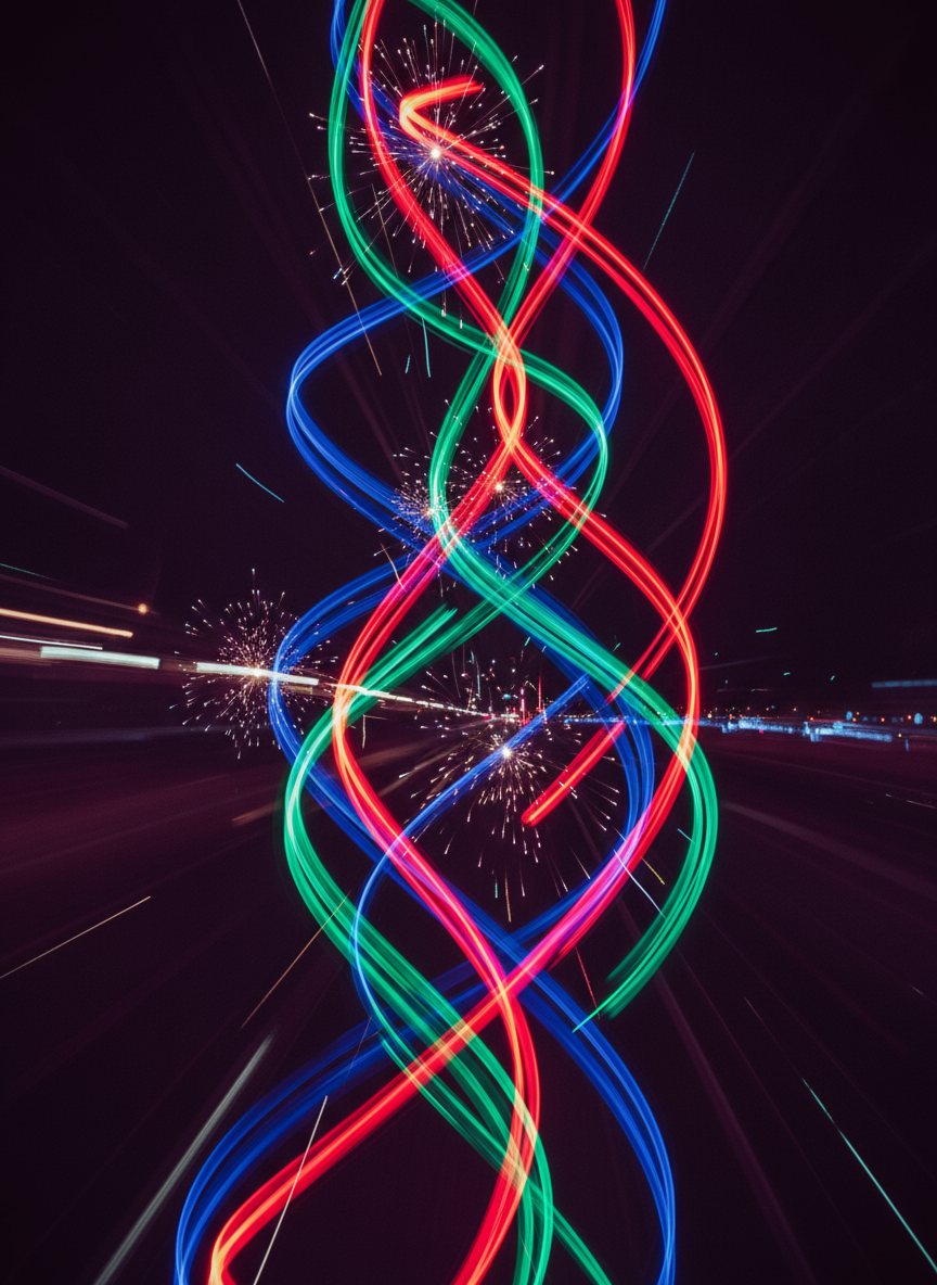 어두운 배경에 빨강, 파랑, 초록색의 생생한 빛 줄무늬가 있는 추상적인 4K 배경화면.