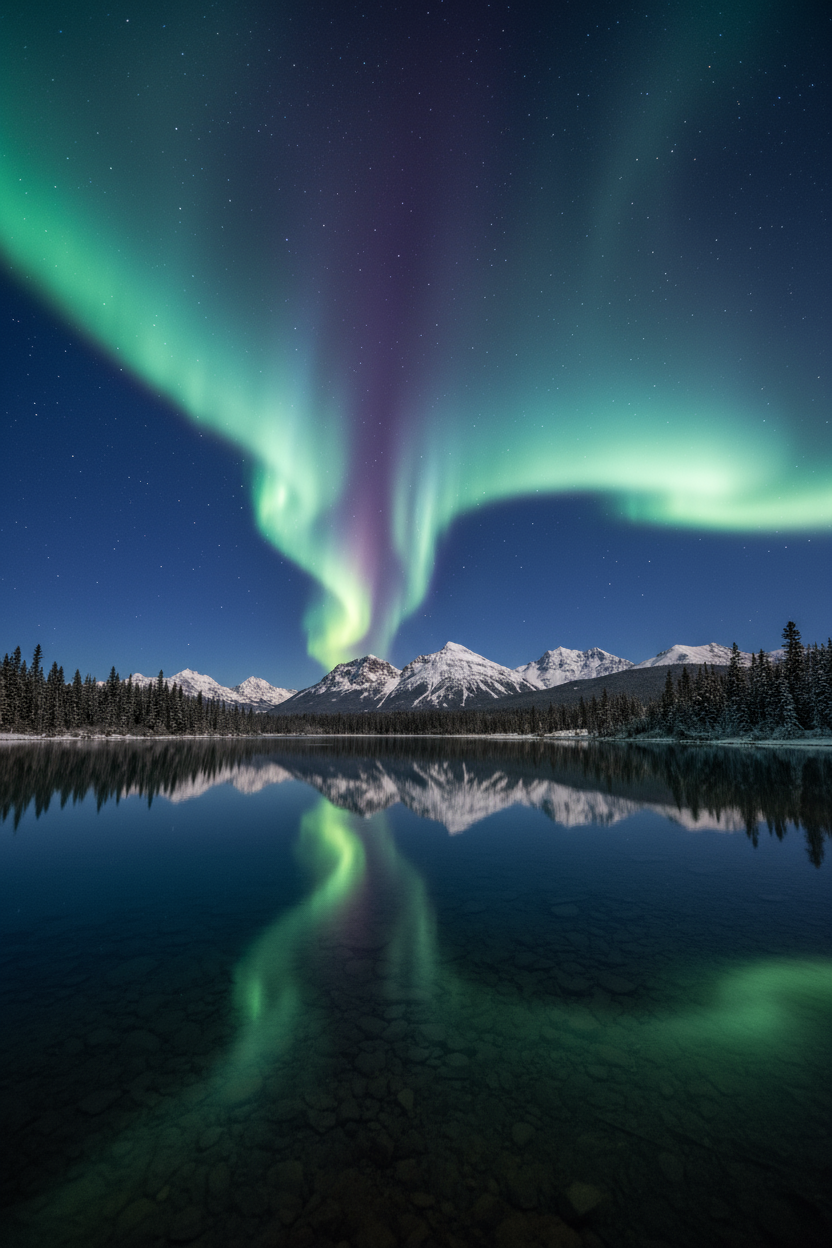평화로운 호수 위에 생생한 오로라가 완벽하게 반사되고 배경에 눈 덮인 산이 있는 마법 같은 4K 배경화면입니다.