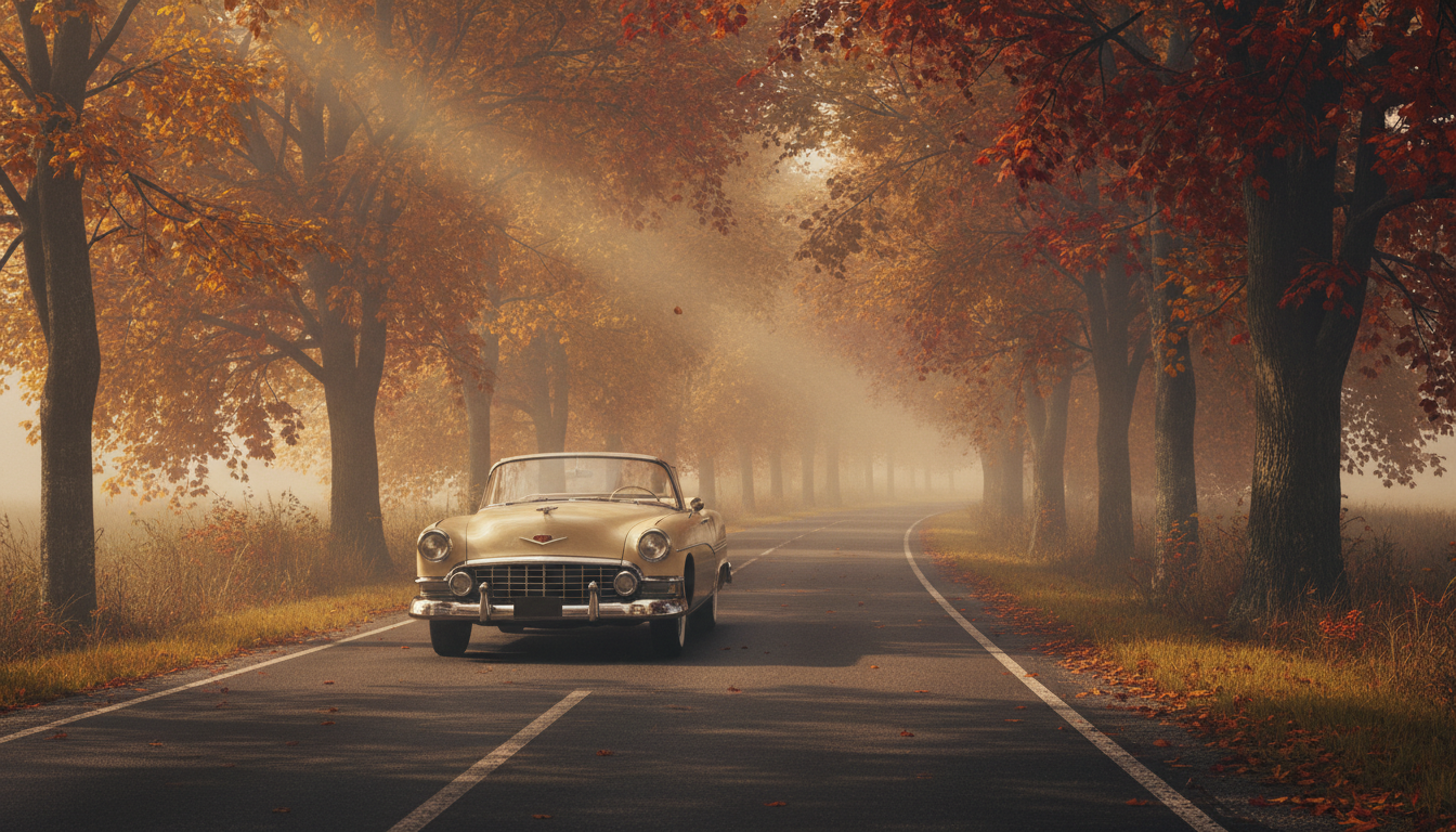 드라마틱한 조명 아래 안개 낀 시골길을 달리는 클래식 빈티지 자동차와 가을 나무들이 어우러진 향수를 불러일으키는 4K 배경화면입니다.