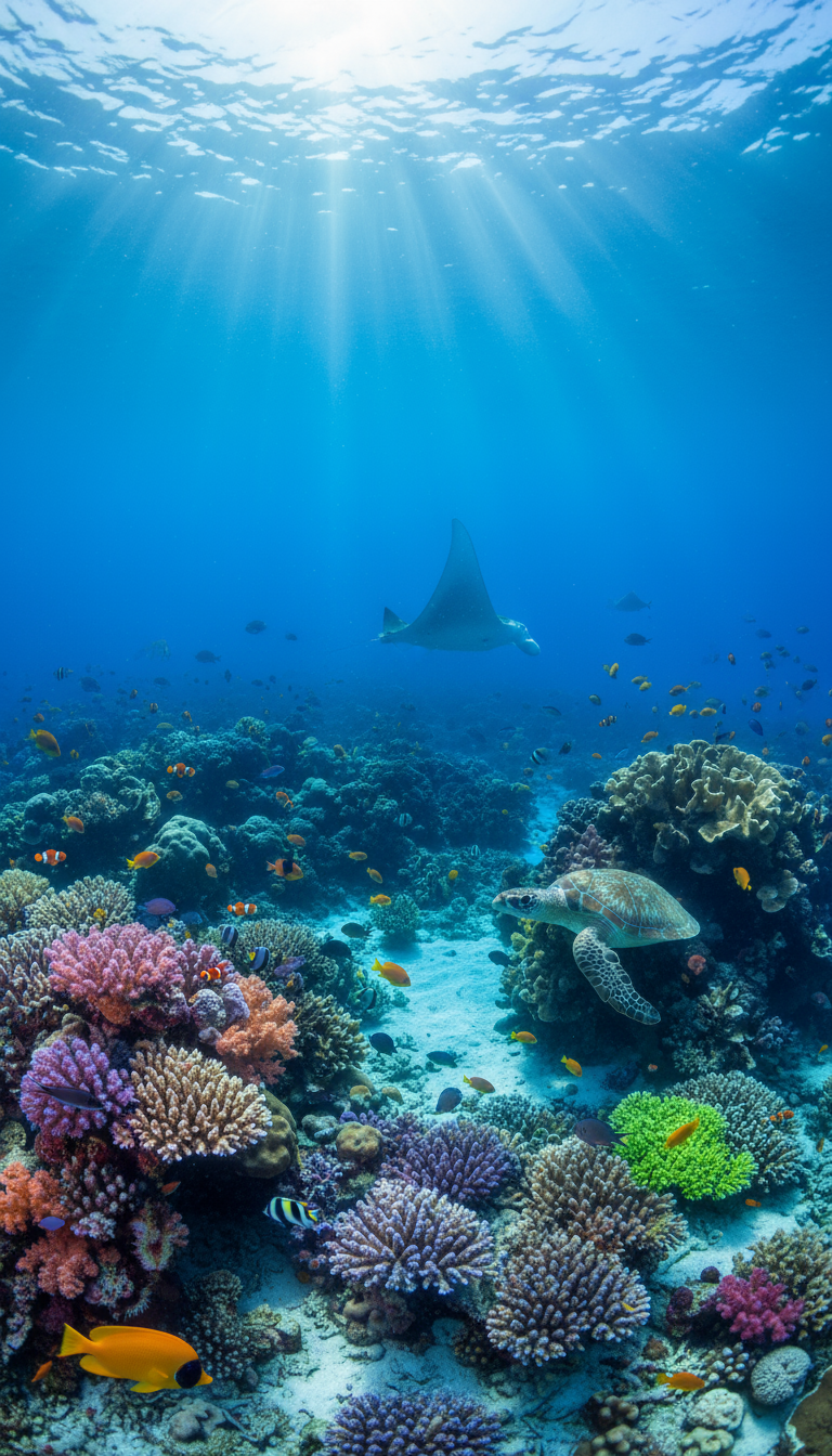 화려한 물고기들이 헤엄치고 맑고 푸른 물속에 위에서 내리쬐는 햇살이 비추는 생기 넘치는 산호초 수중 4K 배경화면입니다.