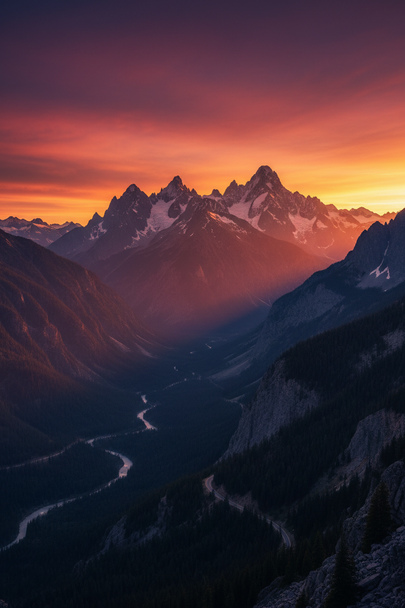 웅장한 산맥이 노을의 따뜻하고 생생한 색상으로 물든 4K 배경화면.