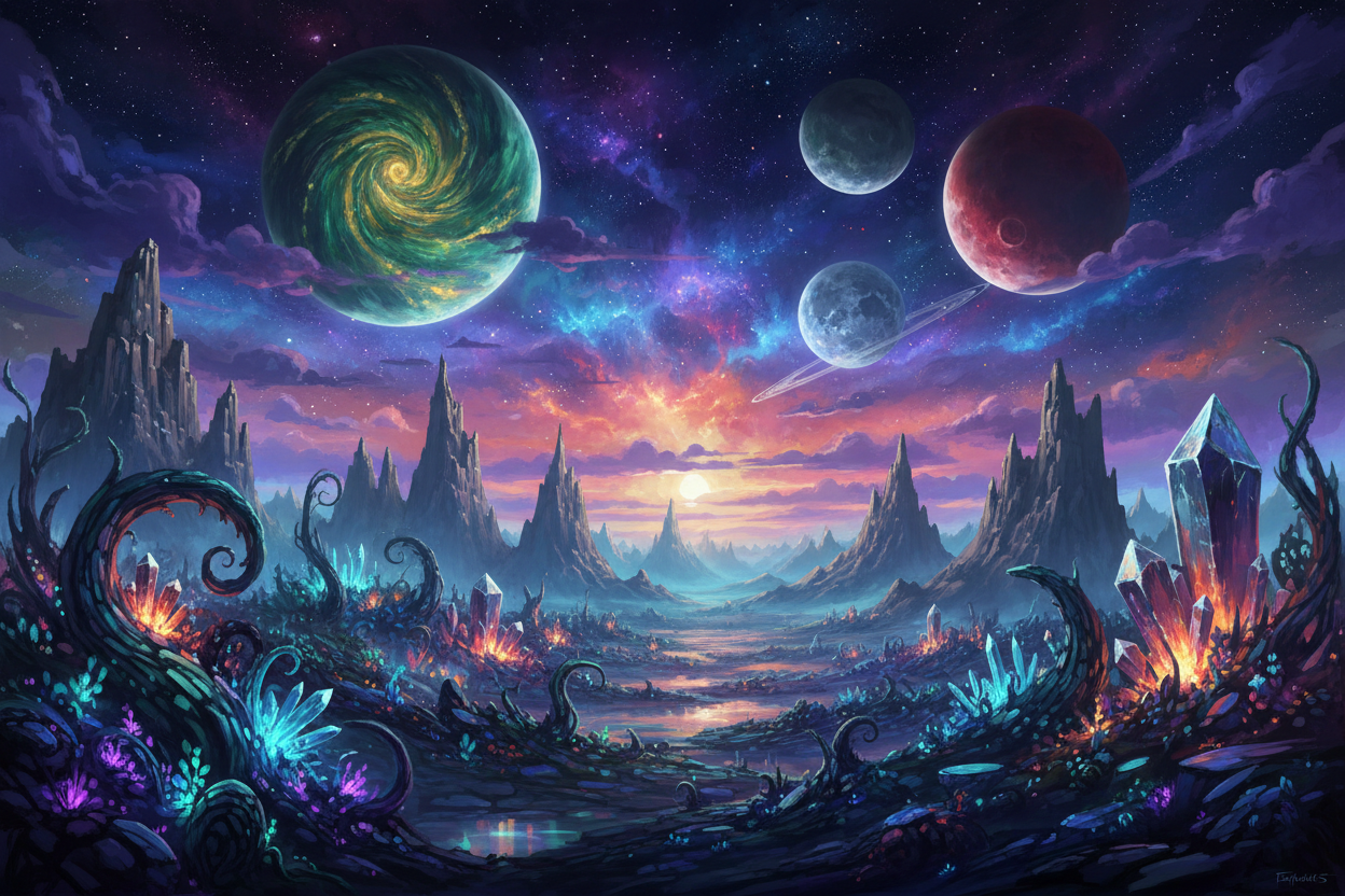 이국적인 식물과 빛나는 결정 구조, 성운이 있는 하늘, 여러 개의 달이 떠 있는 외계 행성 풍경 4K 배경화면.