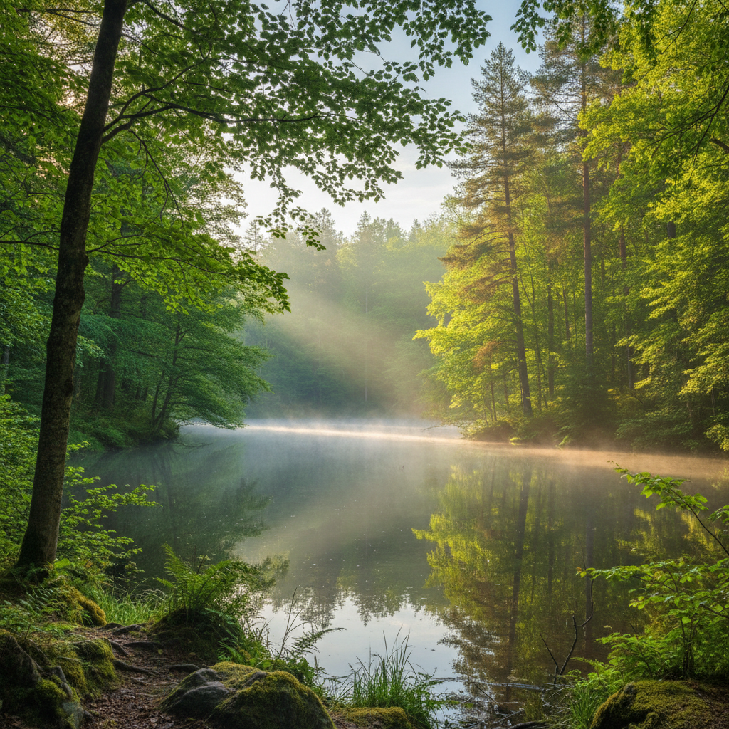 안개와 고요한 반영이 있는 고즈넉한 숲 속 호수, 나뭇잎 사이로 스며드는 햇살이 비추는 평화로운 4K 배경화면.