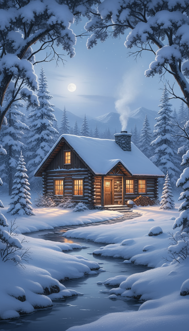 굴뚝에서 연기가 피어오르고 창문에서 따뜻한 빛이 새어 나오는 눈 덮인 겨울 왕국의 아늑한 오두막집을 묘사한 평화로운 4K 배경화면입니다.