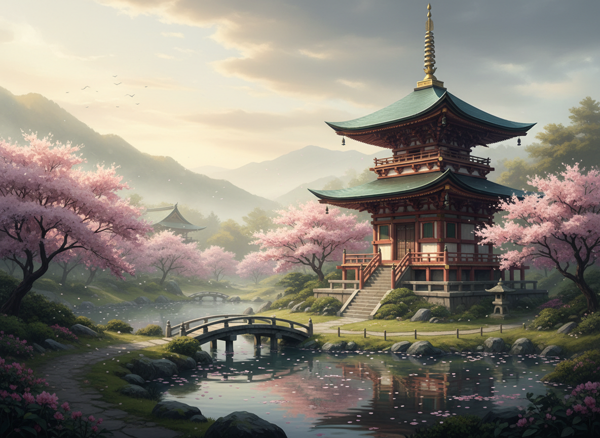 섬세한 벚꽃과 평화로운 정원으로 둘러싸인 고대 일본 탑의 4K 배경화면으로, 안개 낀 아침에 자세하게 묘사되었습니다.