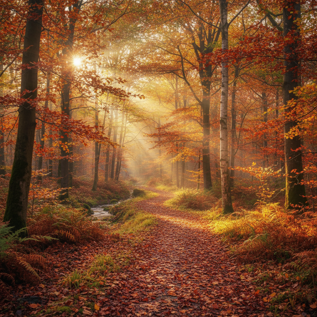 낙엽으로 덮인 길과 다채로운 나뭇잎 사이로 햇살이 스며드는 생동감 넘치는 가을 숲 4K 배경화면.