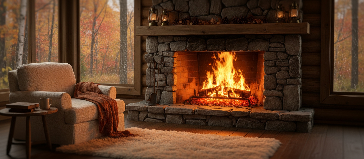 타오르는 벽난로가 있는 아늑한 4K 통나무집 배경화면, 빛나는 불씨, 따뜻한 흔들리는 불빛.