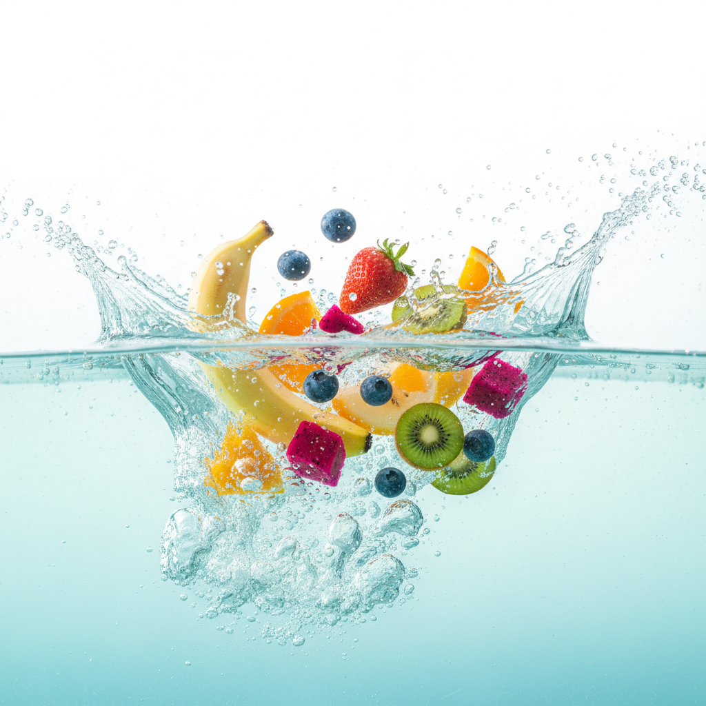 다채로운 과일이 물에 튀어 오르는 모습을 고속 촬영한 생동감 넘치는 4K 배경화면.