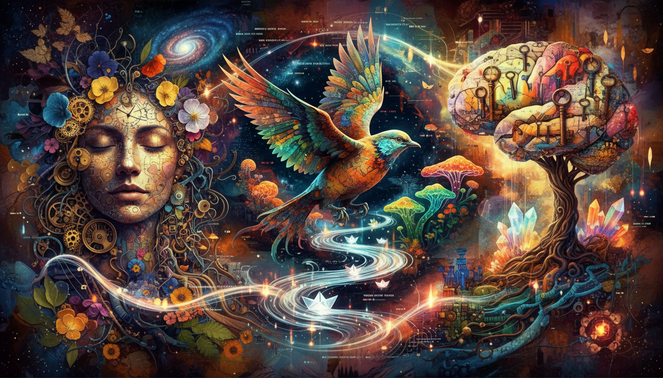 AI가 생성한, 서로 다른 이미지와 질감이 응집력 있는 내러티브를 이루는 콜라주.