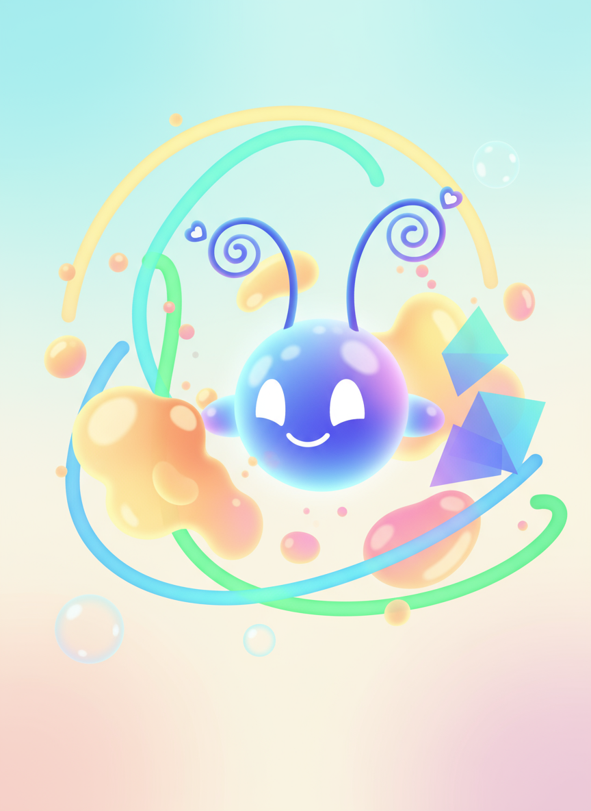 작고 빛나는 구체 형태의 귀여운 AI 캐릭터가 추상적인 도형과 장난스럽게 상호작용하는 모습.