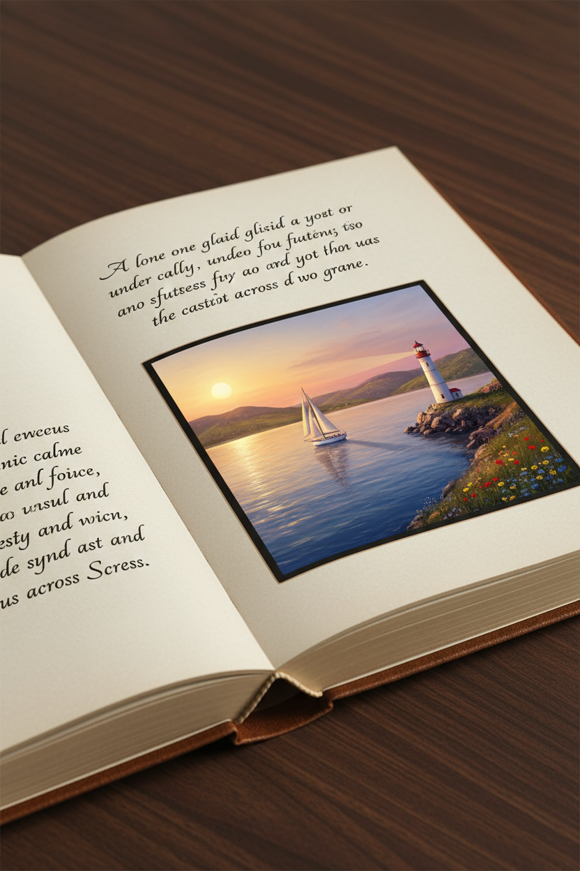 한 페이지에는 설명이, 다른 페이지에는 그 설명에 완벽하게 일치하는 AI 생성 이미지가 있는 펼쳐진 책.