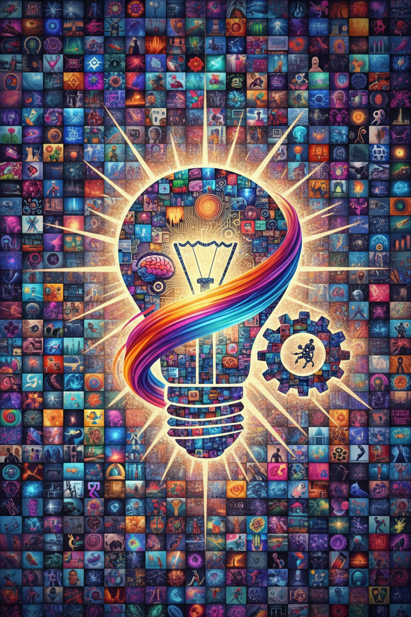 다양한 작은 AI 생성 이미지로 구성된 생생한 콜라주가 혁신과 창의성의 큰 그림을 형성한다.