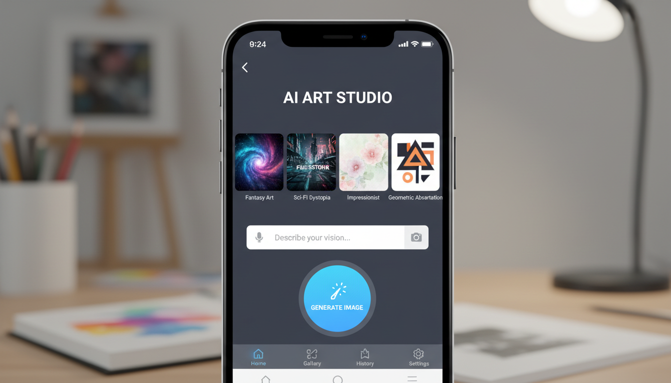 다양한 예술 스타일의 생생한 썸네일과 사용하기 쉬운 텍스트-이미지 입력 필드를 보여주는 AI 이미지 생성 모바일 앱 인터페이스.