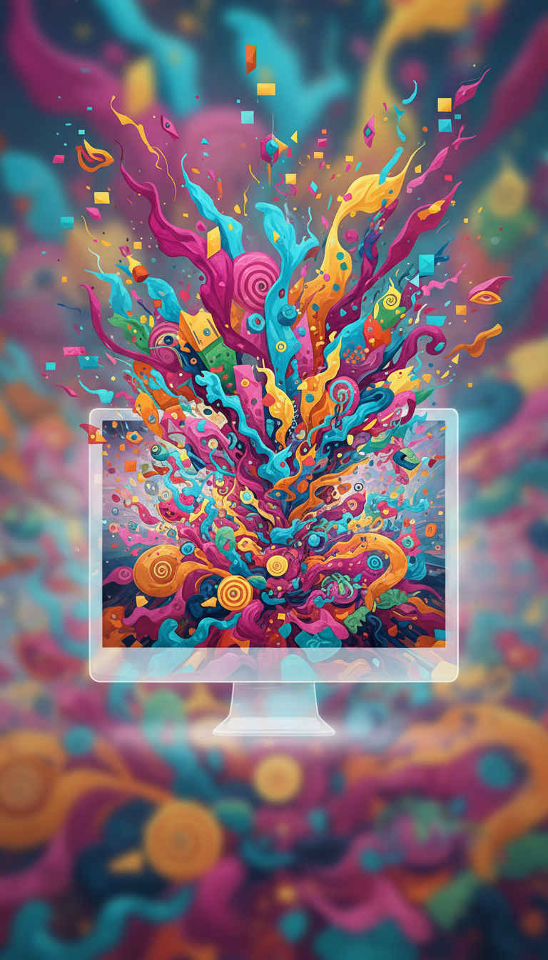 디지털 모니터에서 폭발하는 생생한 색상과 형태, AI 이미지 생성 플랫폼의 창의적 잠재력을 상징.