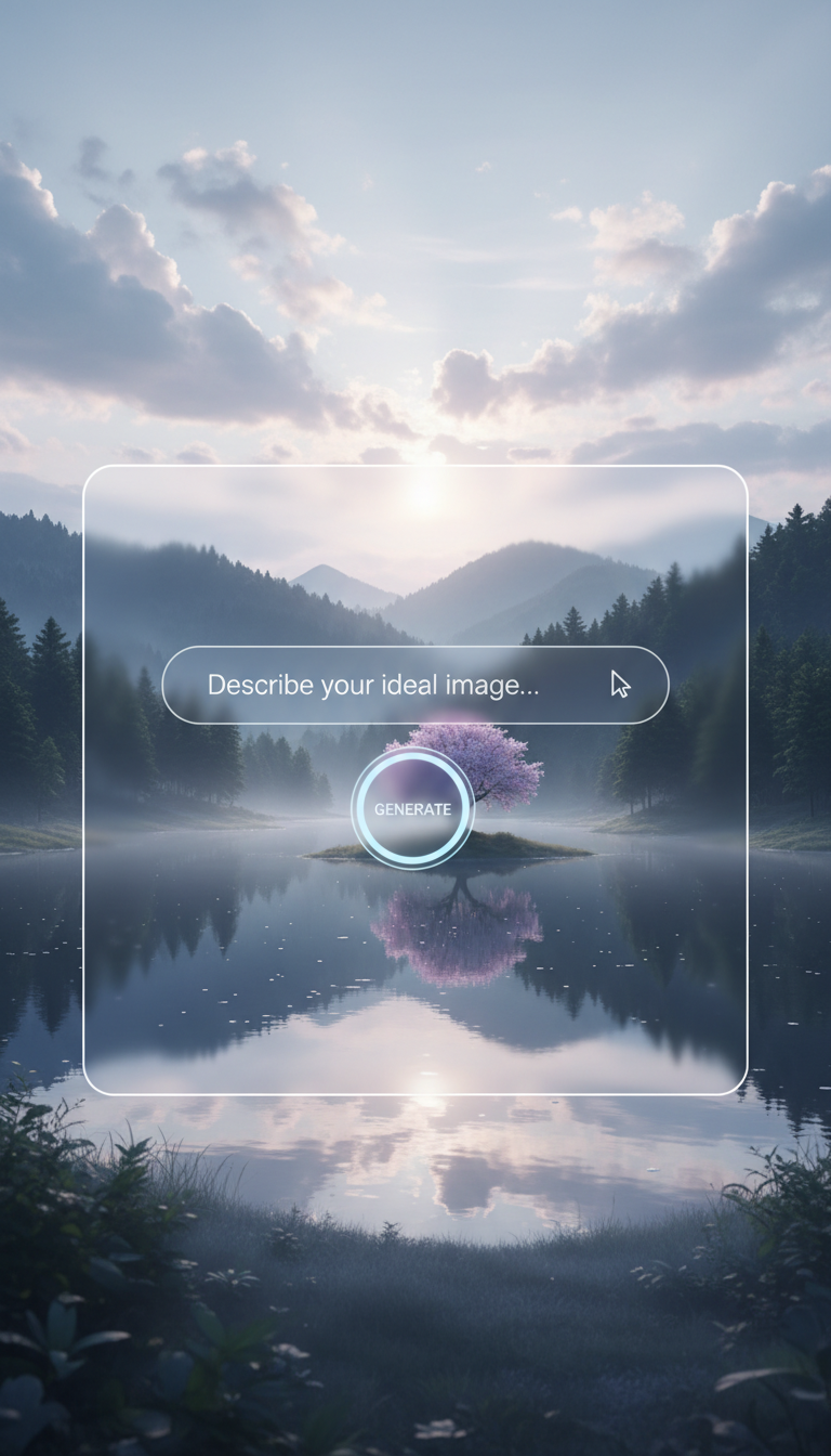 AI가 생성한 숨막히게 고요한 자연 경관을 보여주는 미니멀한 AI 이미지 생성 인터페이스.
