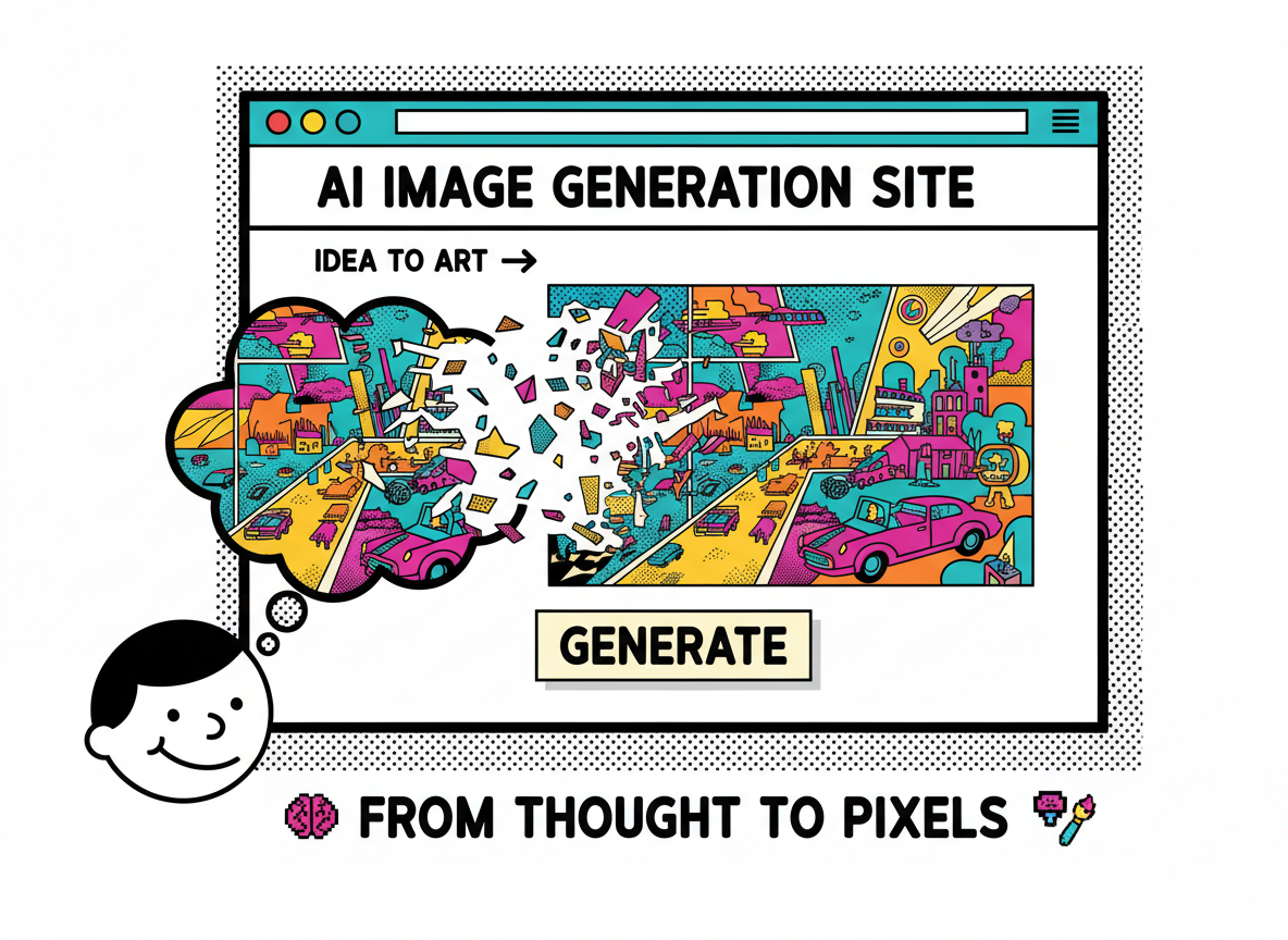 생각 풍선이 웹사이트 캔버스 위에서 상세하고 생생한 이미지로 변환, AI 이미지 생성 사이트를 통한 아이디어의 시각 예술화.