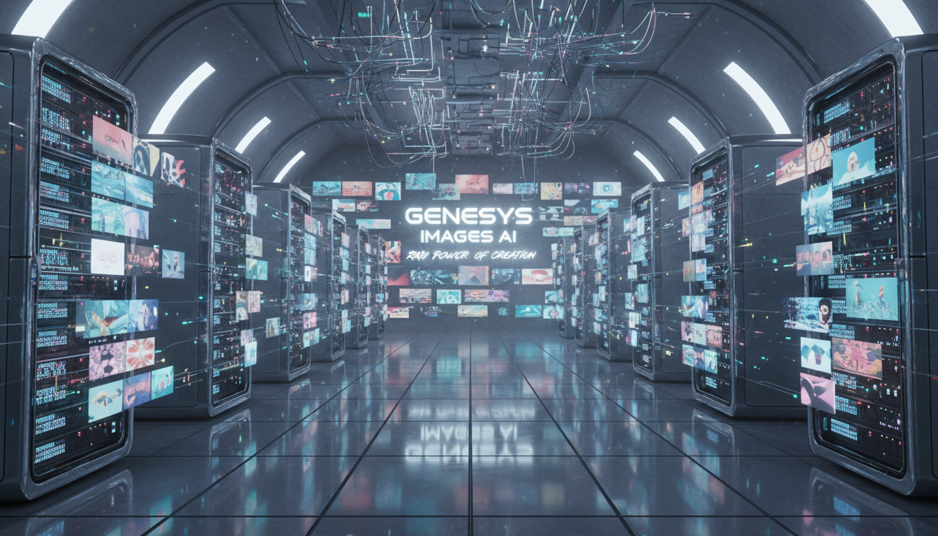 미래형 데이터 센터 내부, 빛나는 서버가 AI 생성 이미지를 벽과 바닥에 투사하며 사이트의 힘을 표현.