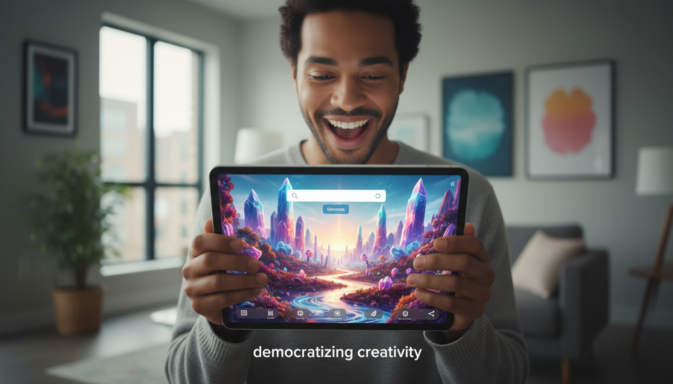 자신이 방금 만든 멋진 AI 생성 이미지를 태블릿으로 보며 미소 짓는 사람, 사이트의 창조적 힘을 반영.