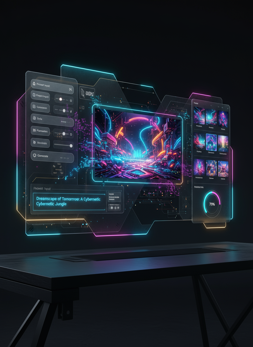 네온 불빛과 함께 실시간 디지털 아트가 생성되는 미래 지향적인 AI 이미지 생성 웹사이트 인터페이스.