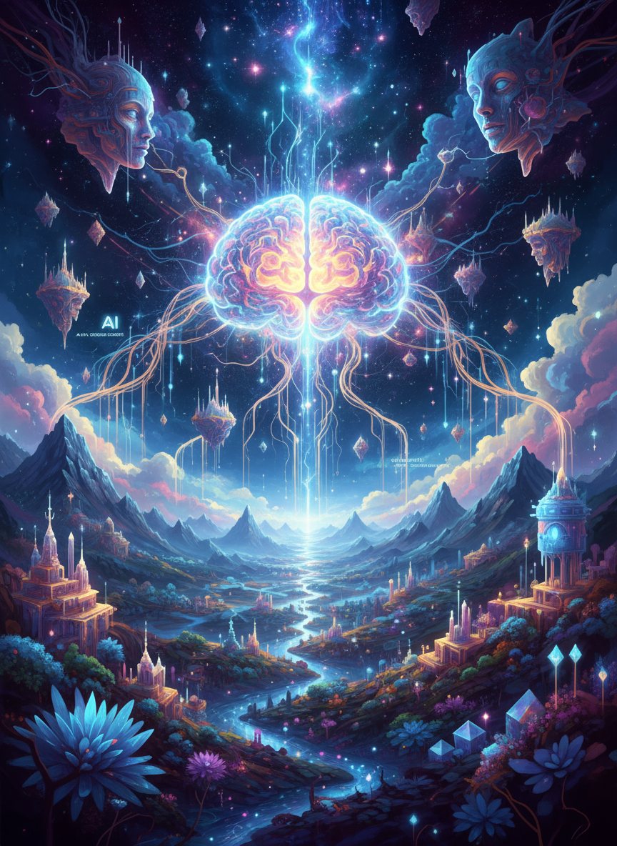 환상적인 풍경을 생성하는 추상적인 신경망, AI 이미지 생성 사이트를 상징한다.