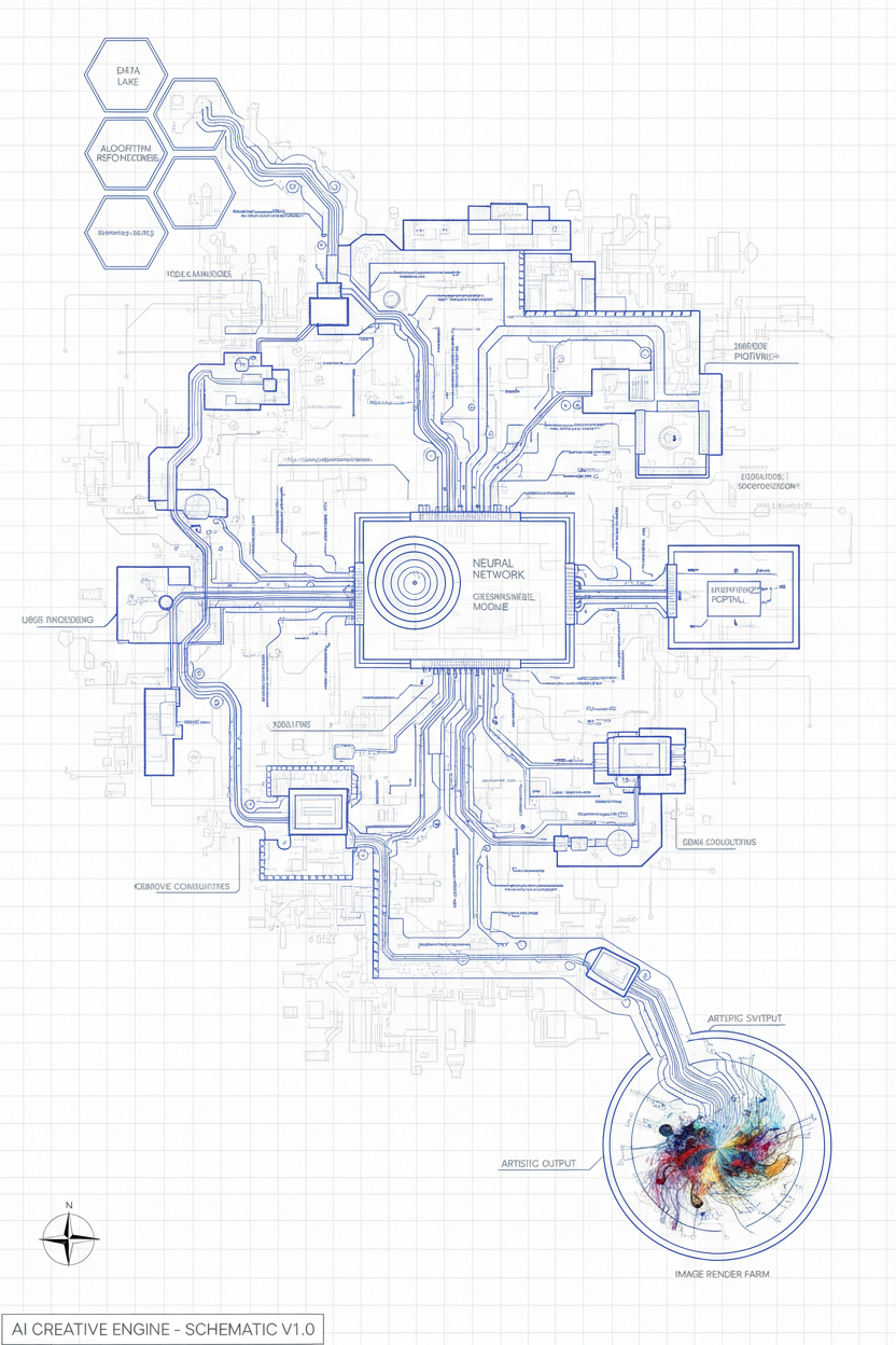 AI 이미지 생성 사이트의 건축 도면으로, 데이터 흐름이 예술적 결과물로 이어진다.