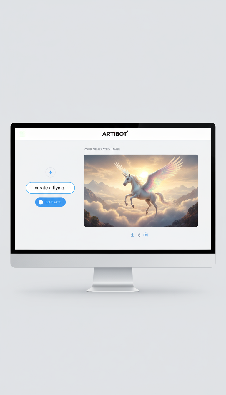 '나는 날아다니는 유니콘을 만들고 싶어'라는 텍스트로 생성된 날아다니는 유니콘 이미지를 보여주는 AI 이미지 생성 웹사이트 스크린샷.