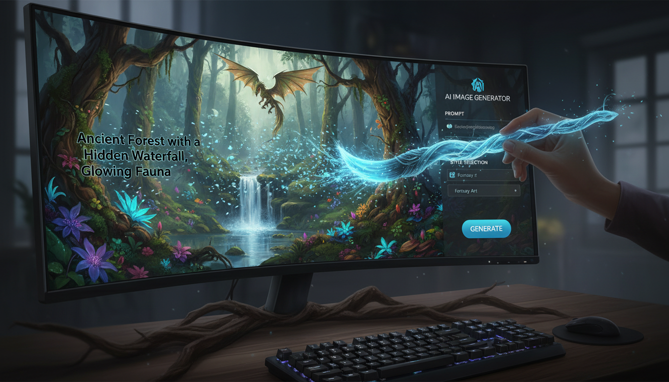 마법의 붓이 일반 텍스트를 복잡한 이미지로 변환, 배경에는 AI 이미지 생성 사이트 UI.