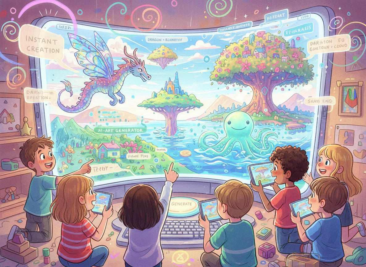 AI 이미지 생성 사이트에서 화면에 생성된 환상적인 생물들을 아이들이 신기해하며 바라본다.