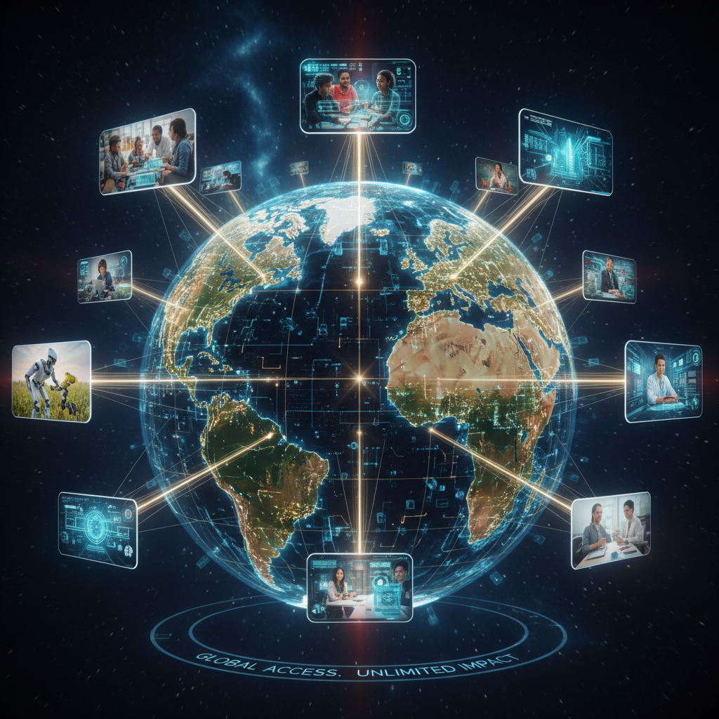 빛나는 회로가 있는 지구본에서 빛줄기가 AI 생성 이미지로 끝나며 전 세계적 영향을 보여준다.