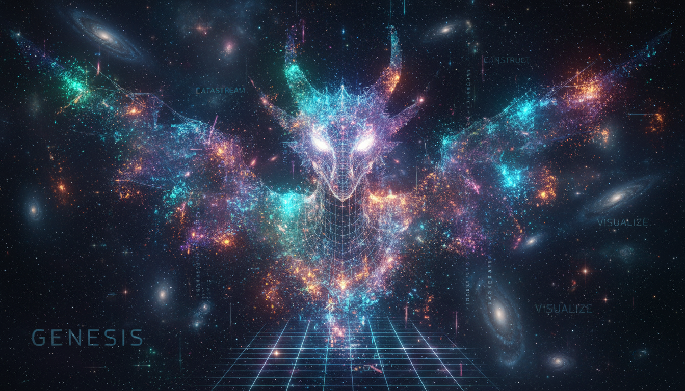 빛나는 픽셀이 인식 가능한 물체로 조립되며, AI 이미지 생성의 기본 과정을 보여준다.