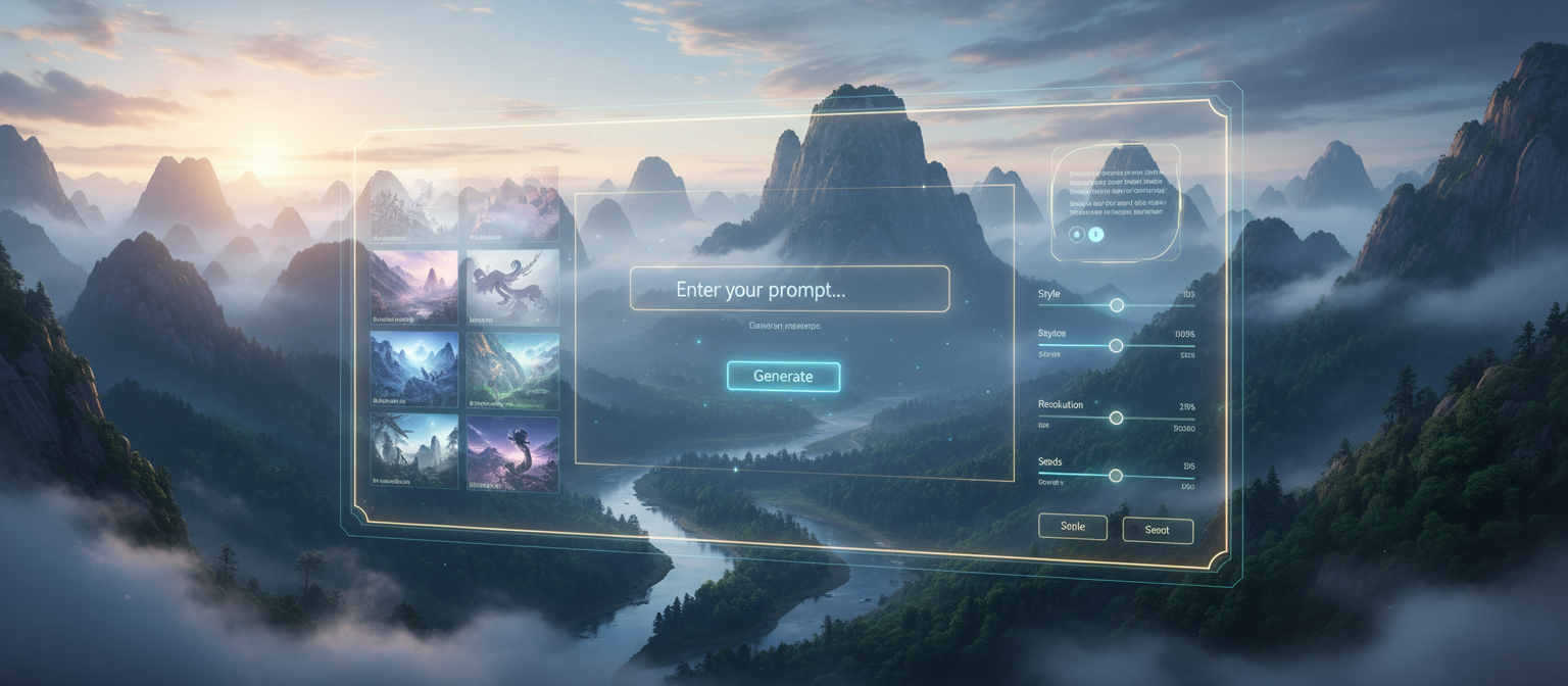 안개 낀 산 풍경 위에 투명한 AI 이미지 생성 인터페이스가 중첩되어 기술과 자연을 융합하는 모습.
