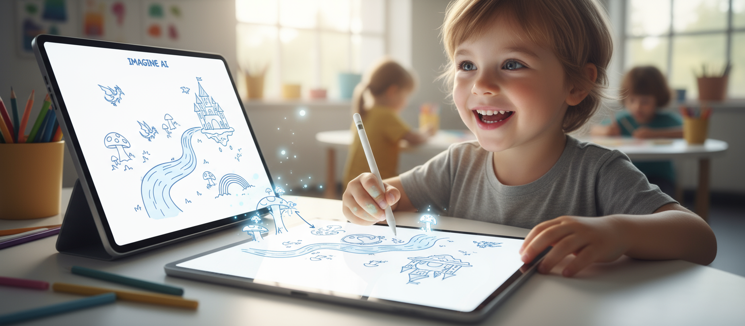 아이가 AI 이미지 생성 태블릿 앱과 즐겁게 상호작용하며, 단순한 선이 풍부하고 상상력 넘치는 장면으로 즉시 변형되는 모습.