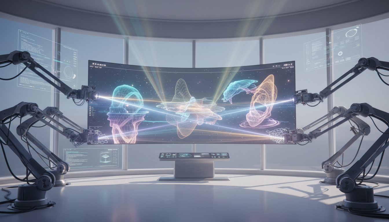 미래형 스튜디오에서 로봇 팔이 AI 생성 사이트의 인터페이스에서 3D 이미지를 조각한다.