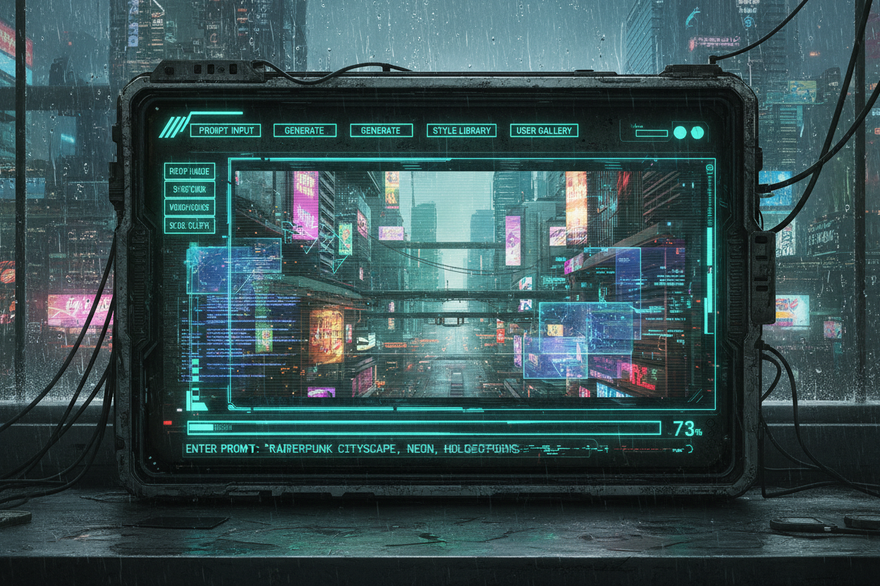 비 내리는 디스토피아 도시 풍경을 렌더링하는 AI 이미지 생성 사이트의 거친 사이버펑크 인터페이스.