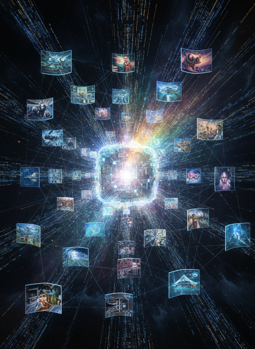 빛나는 데이터 스트림이 AI 코어로 흘러들어가서, 정교하고 다양한 생성 이미지로 폭발하는 모습.