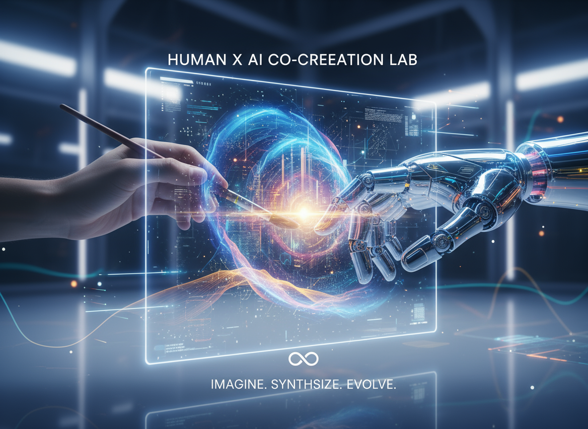 인간의 손과 로봇의 손이 홀로그램 AI 이미지 생성 인터페이스에서 예술을 공동 창작한다.