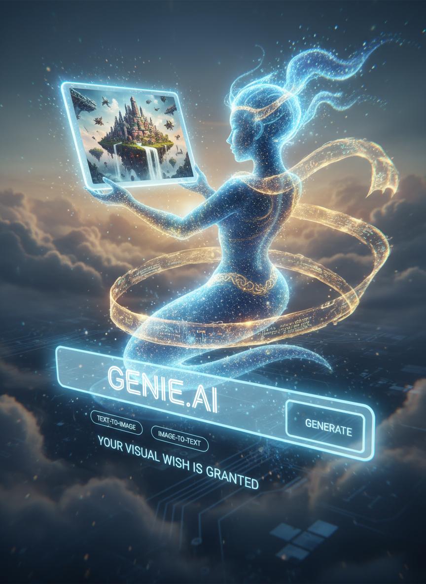 웹사이트 검색창에서 빛나는 지니 같은 존재가 나타나, 새롭게 생성된 AI 이미지를 제공.