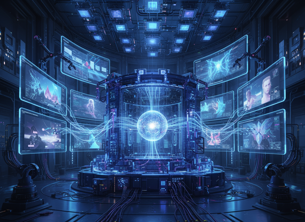 AI 이미지 생성 사이트의 중심에 있는 양자 컴퓨터 같은 기계가 데이터를 예술로 렌더링한다.