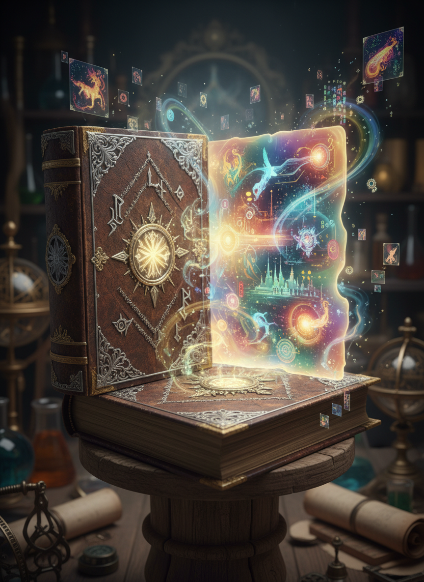 장식적인 책의 한 페이지에서 AI 생성 이미지가 계속 형성되며, 고대와 새로운 것이 융합된다.