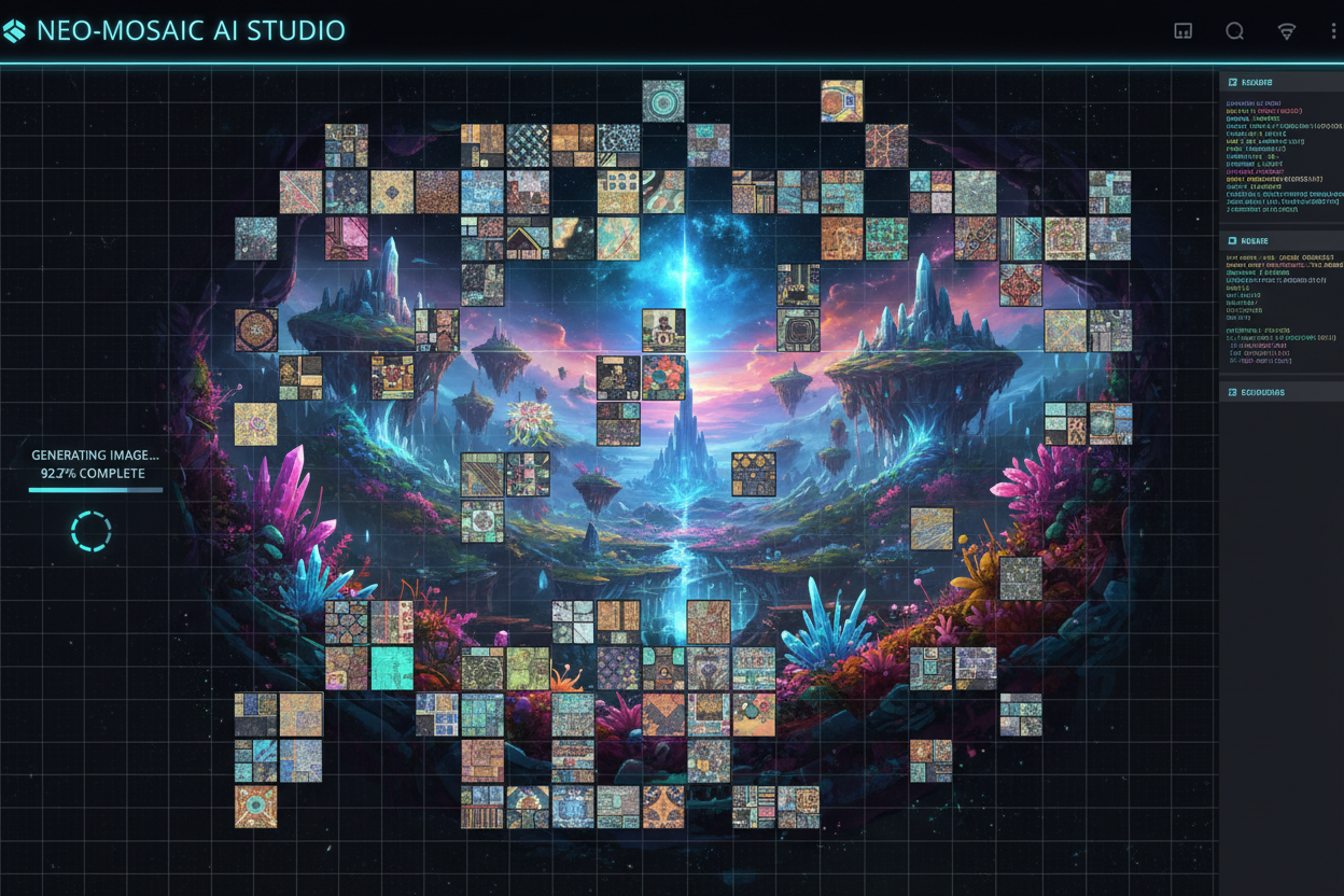 수천 개의 작은 디지털 타일이 웹 플랫폼에서 합쳐져 크고 멋진 AI 생성 모자이크 이미지를 형성.
