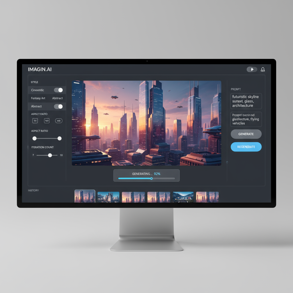 깔끔하고 현대적인 AI 이미지 생성 사이트 UI, 초현실적인 이미지 미리보기와 직관적인 제어.