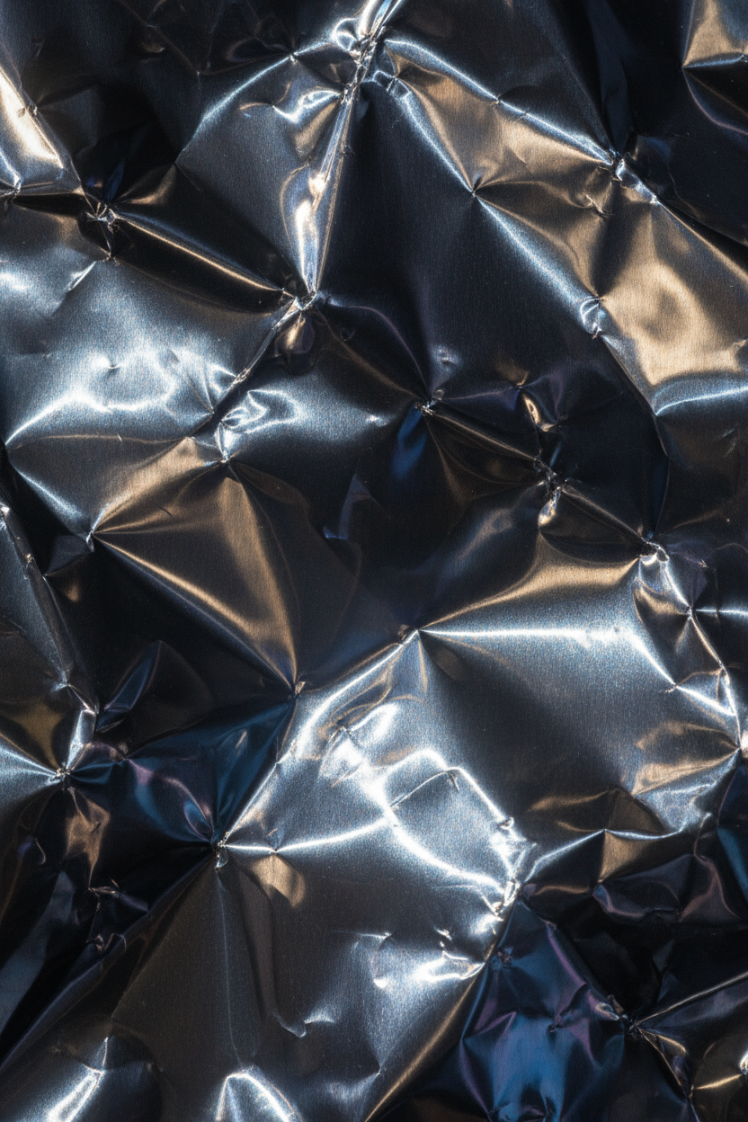 은색 광택과 추상적인 반사가 특징인 구겨진 금속 호일 배경, 빛과 그림자의 놀이.