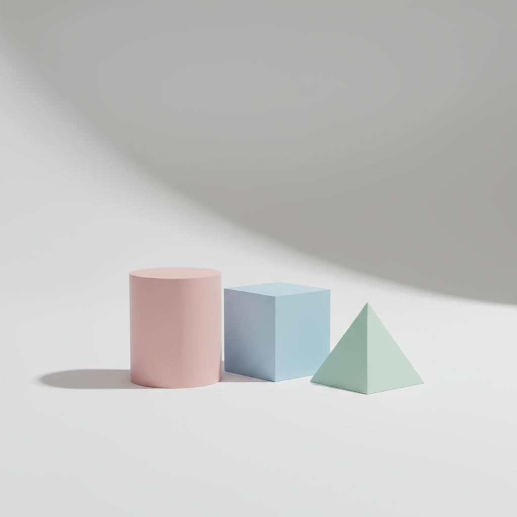 파스텔톤의 기하학적 도형과 은은한 그림자가 있는 깔끔하고 미니멀한 배경.