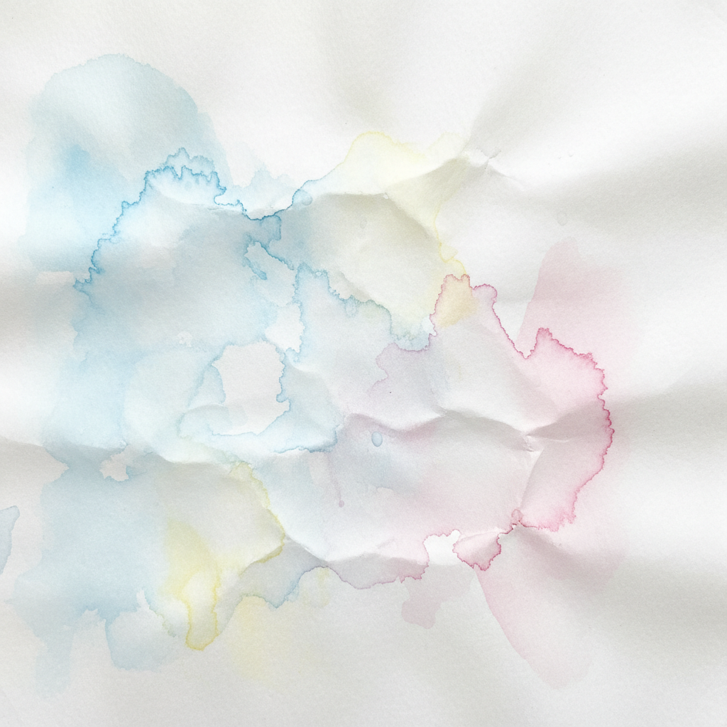 약간 울고 액체 흡수가 보이는 젖은 수채화 종이 질감.