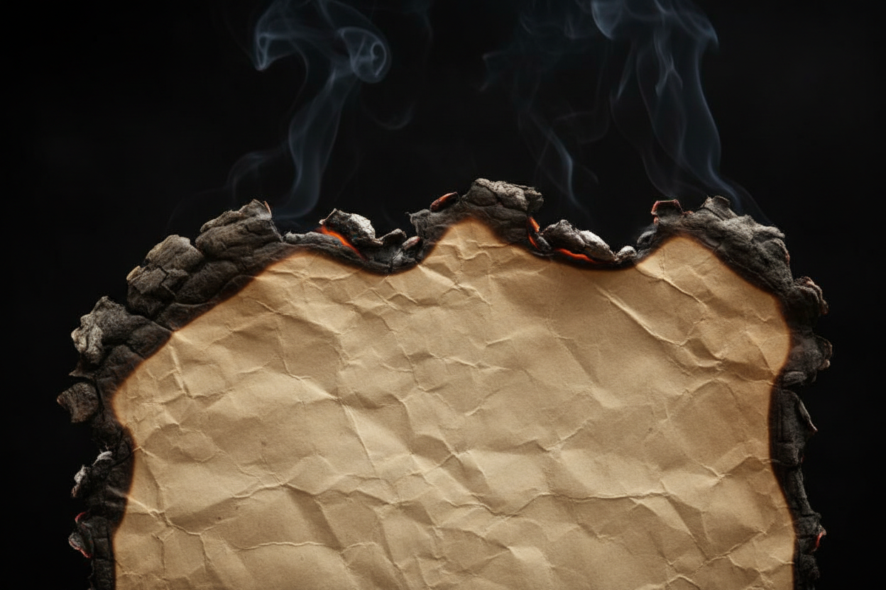 검게 그을리고 부서지기 쉬운 불탄 종이 가장자리 질감.