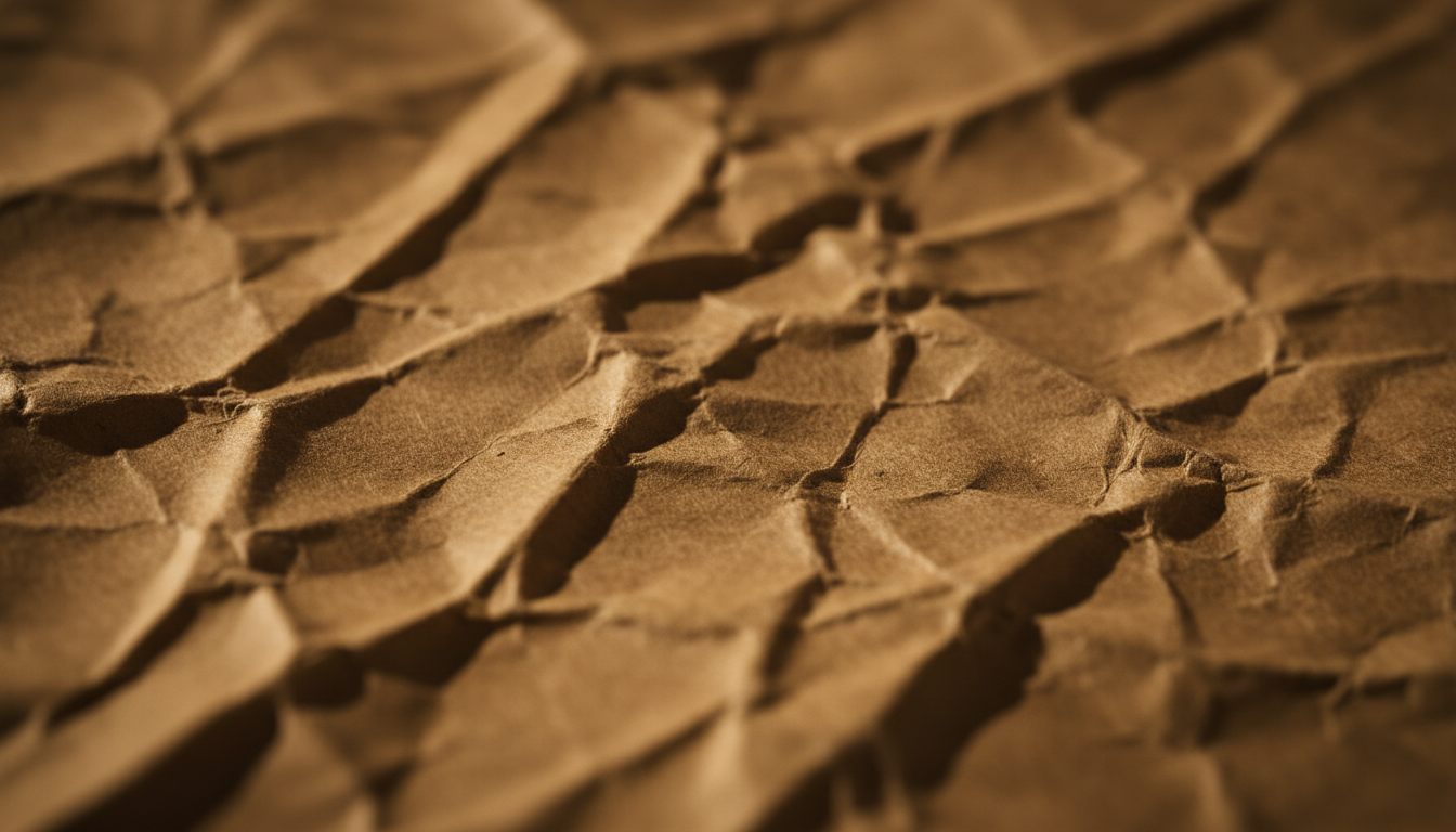 강한 그림자로 주름지고 구겨진 크라프트 종이 질감.