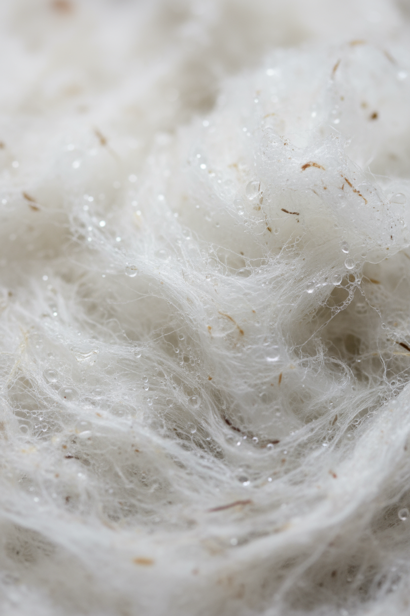 섬유와 물방울이 보이는 날것의 젖은 종이 펄프 질감.