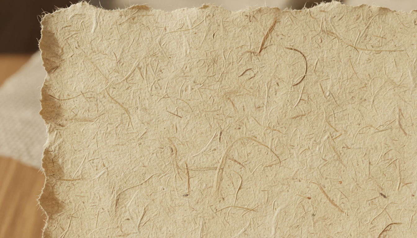 유기농 섬유, 미묘한 불규칙성, 부드러운 가장자리를 가진 수제 종이 질감.