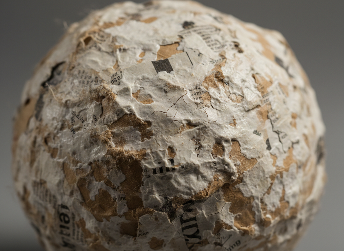 울퉁불퉁하고 겹겹이 쌓인 질감의 종이 공예품, 원초적이고 약간 금이 간 모습.